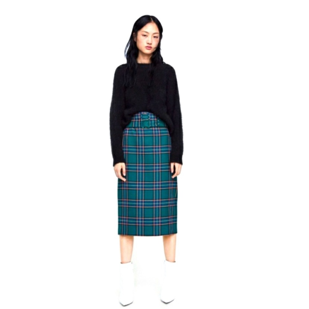 Zara Green Plaid Pencil Skirt